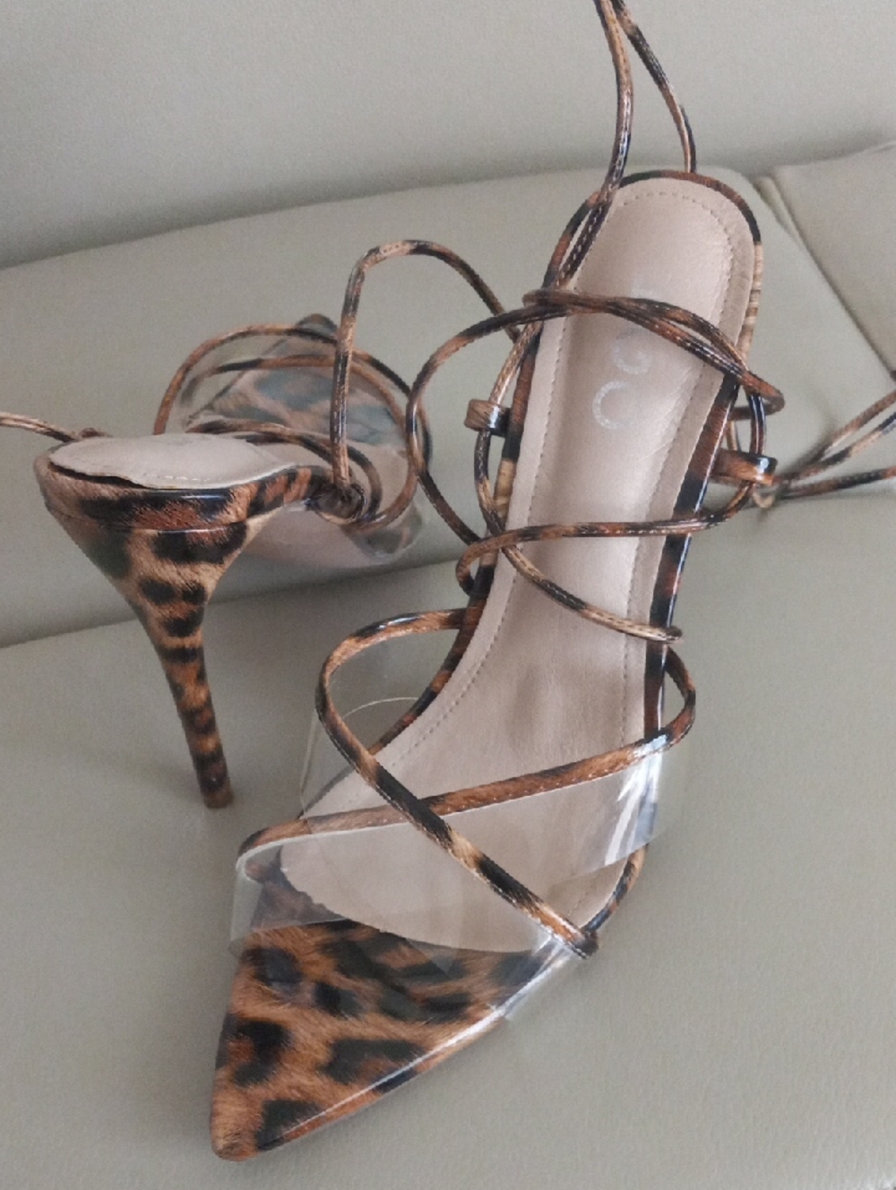 Ego Lace-Up Leopard Print Stiletto Sandals - Tan/Black Pointed Toe Heels Size 10